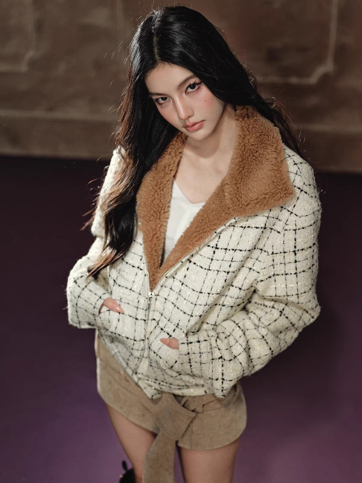 Faux Shearling Collar Wool-Blend Padded Jacket