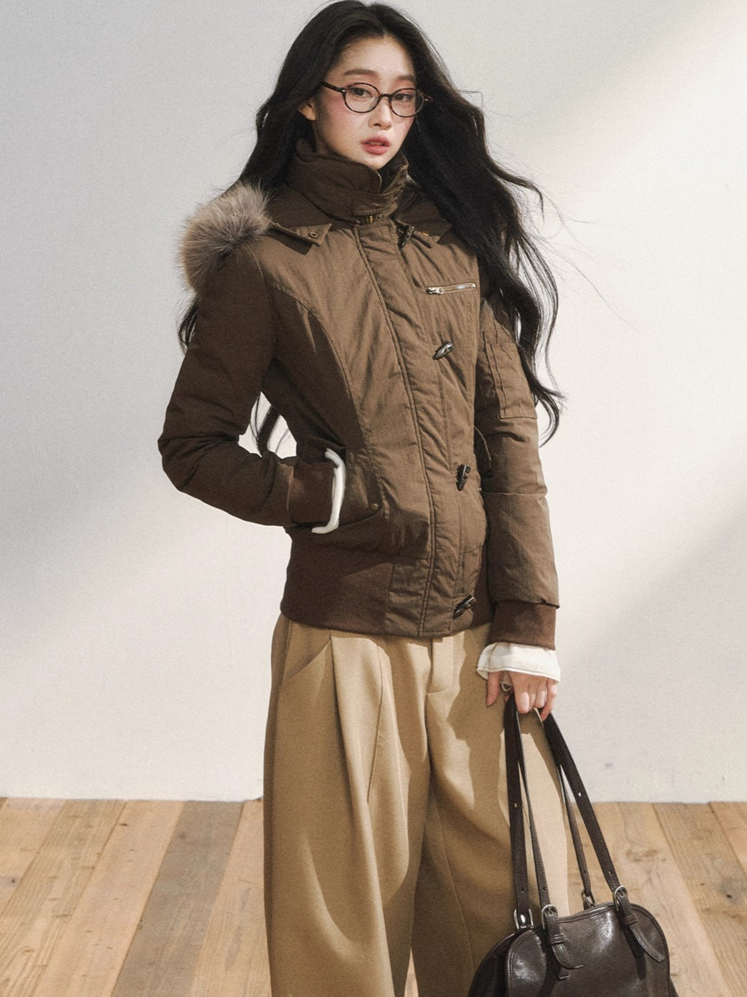 Khaki Tailored Low-Waist Wide-Leg Trousers - CHINASQUAD
