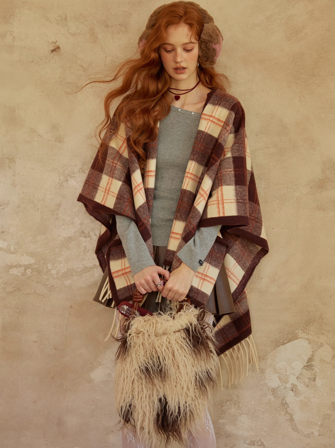 Vintage Plaid Fringe Shawl Scarf