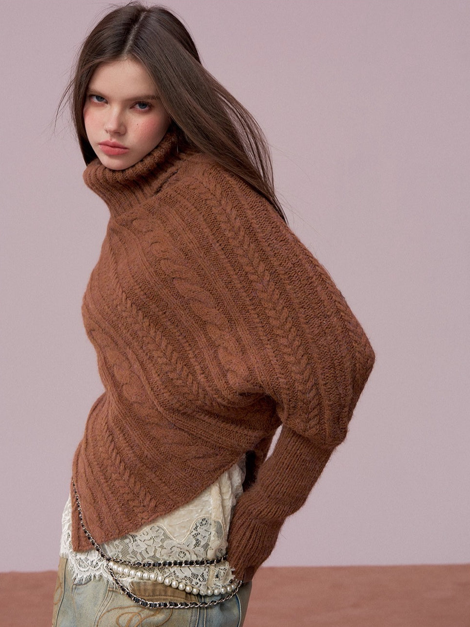 Leather-Buckle Thickened Cape Sweater