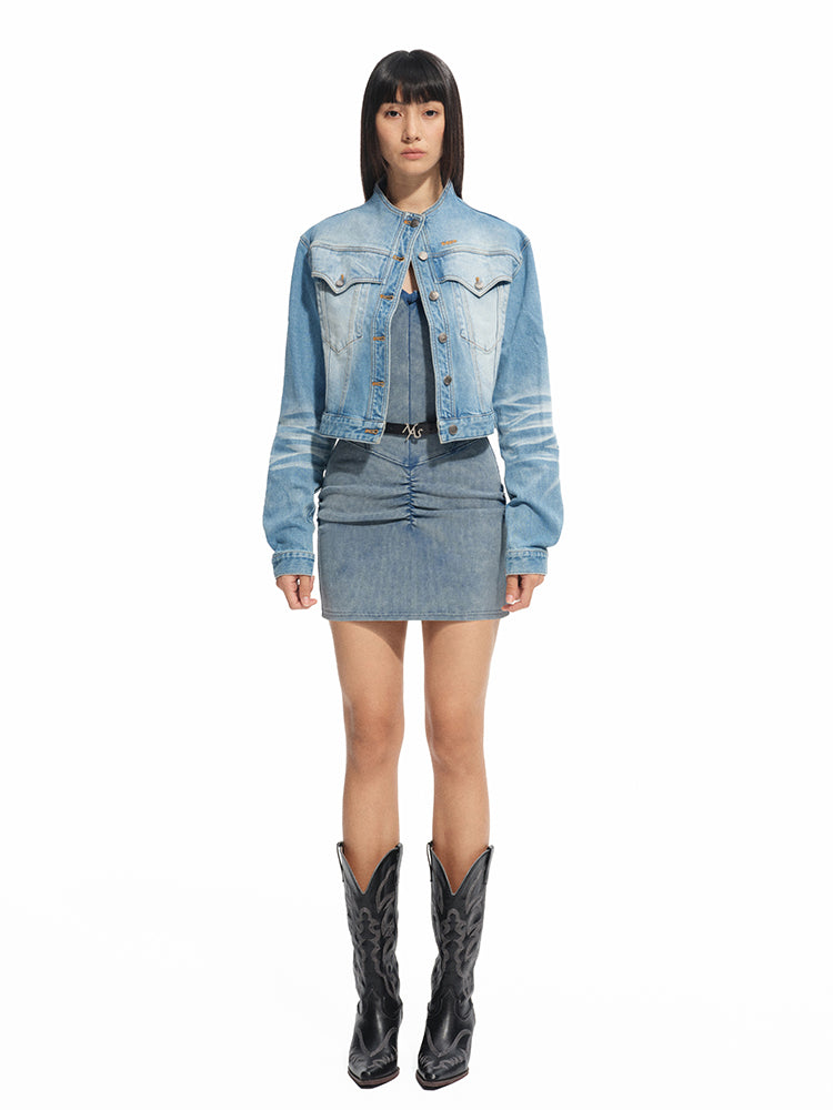 Twill Denim Cat-Whisker Stand-Collar Cropped Jacket - CHINASQUAD