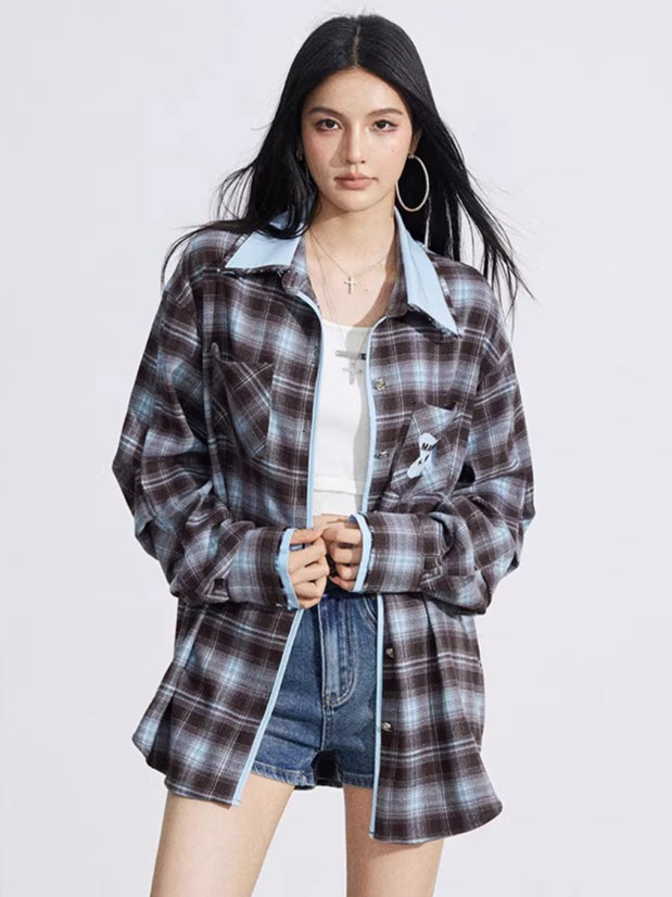 Vintage Contrast Embroidered Plaid Shirt