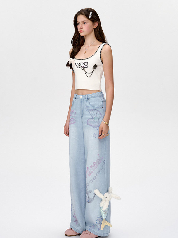 Ocean-Inspired Graffiti Denim Jeans - CHINASQUAD
