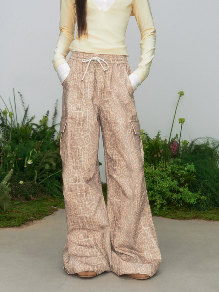 Leopard Print Cargo Drawstring Wide-Leg Pants - CHINASQUAD