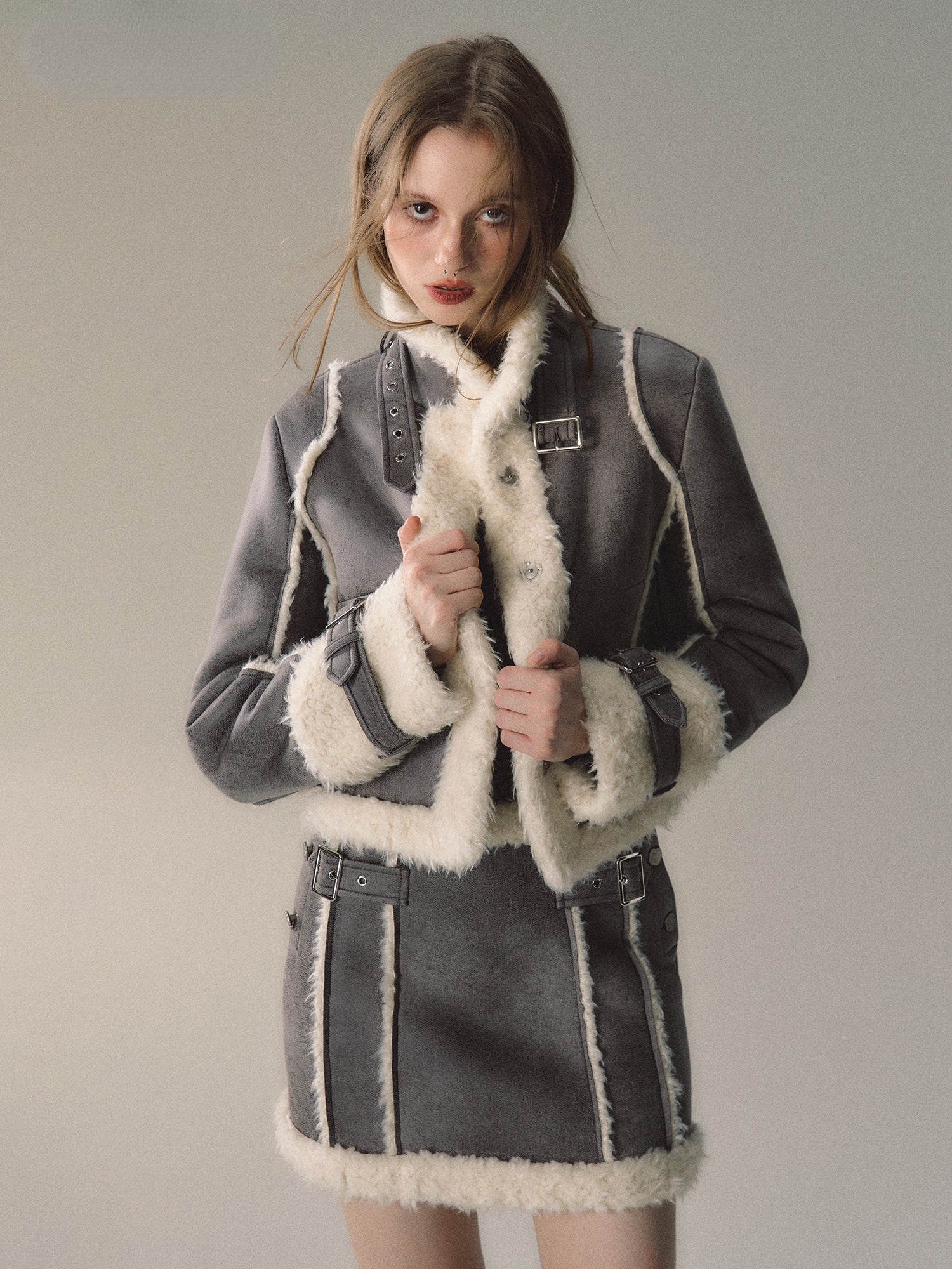 Grey Short Plush Shearling Jacket & Skirt Set - CHINASQUAD