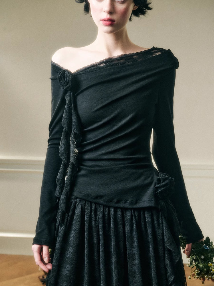 Lace Floral Asymmetrical Off-Shoulder Top & Skirt Set - CHINASQUAD