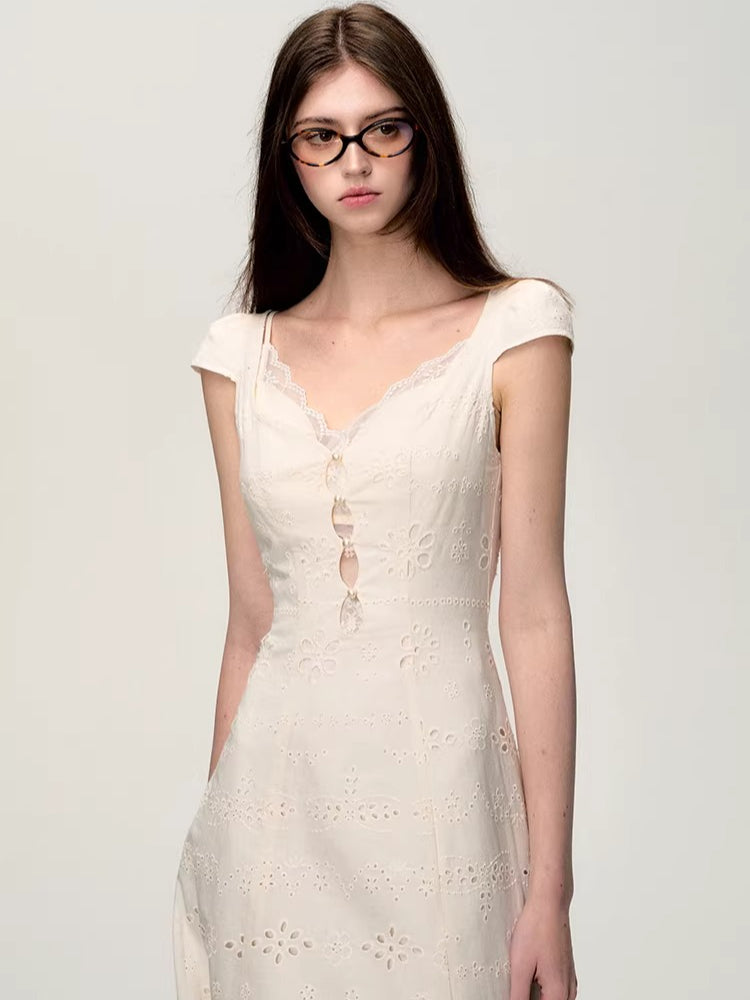 Cream White Lace-Panel Slim Fit Textured Dress