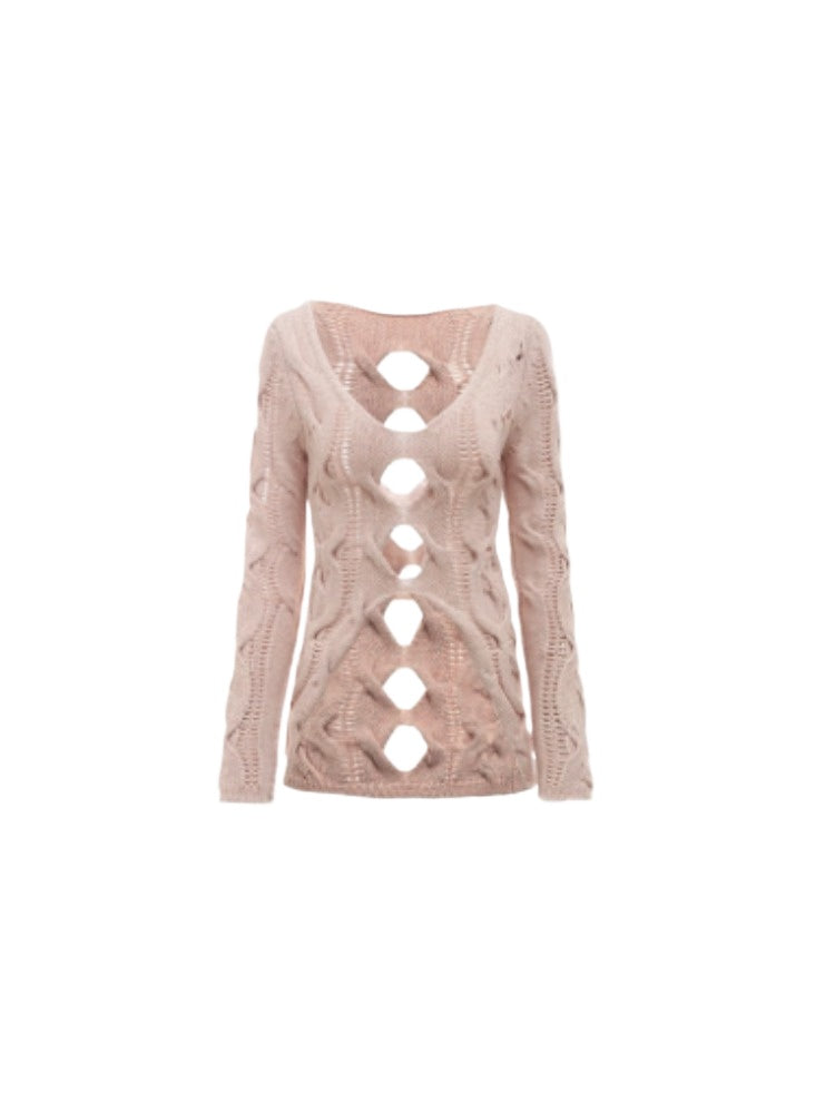 V-Neck Hollow Cable Knit Sweater - CHINASQUAD