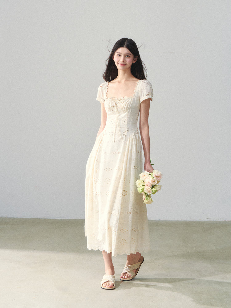 Square-Neck Embroidered Hollow Vacation-style Dress - CHINASQUAD