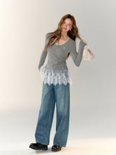 Lace-Trimmed Gray V-Neck Long Sleeve Top - CHINASQUAD