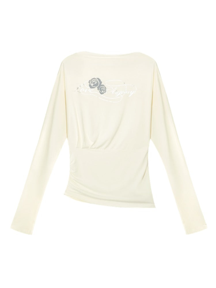 Floral Print Pleated Long-Sleeve T-shirt - CHINASQUAD