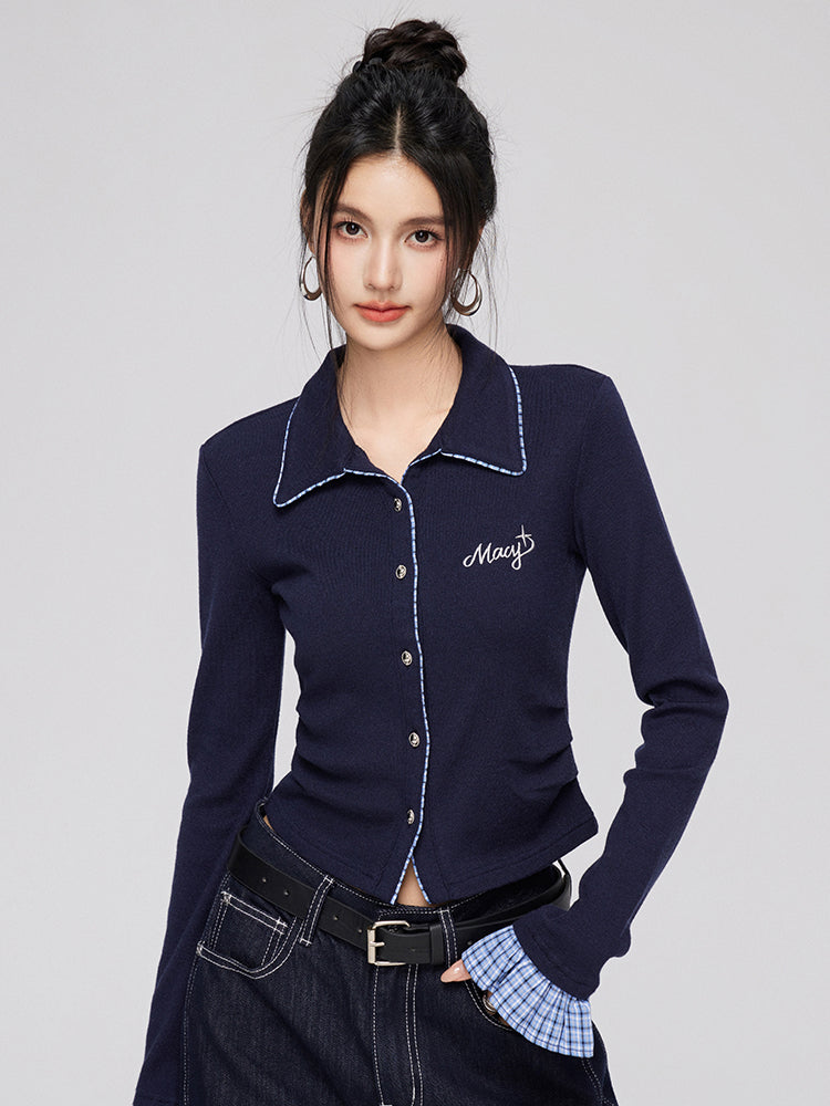 Plaid Splicing Knit Blouse - CHINASQUAD