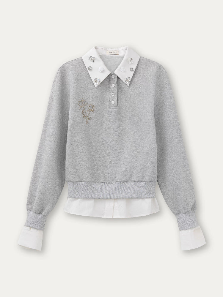 Rhinestone Rose Fake Two-Piece Sweatshirt