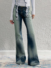Washed Blue Reflective Foil Micro-flare Denim Trousers - CHINASQUAD