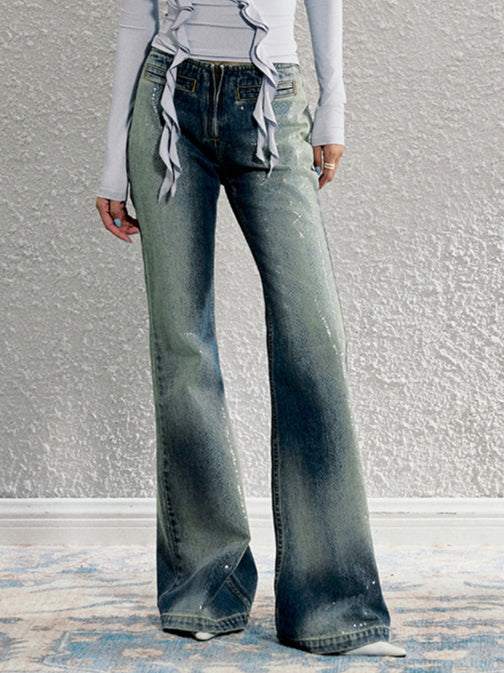 Washed Blue Reflective Foil Micro-flare Denim Trousers - CHINASQUAD