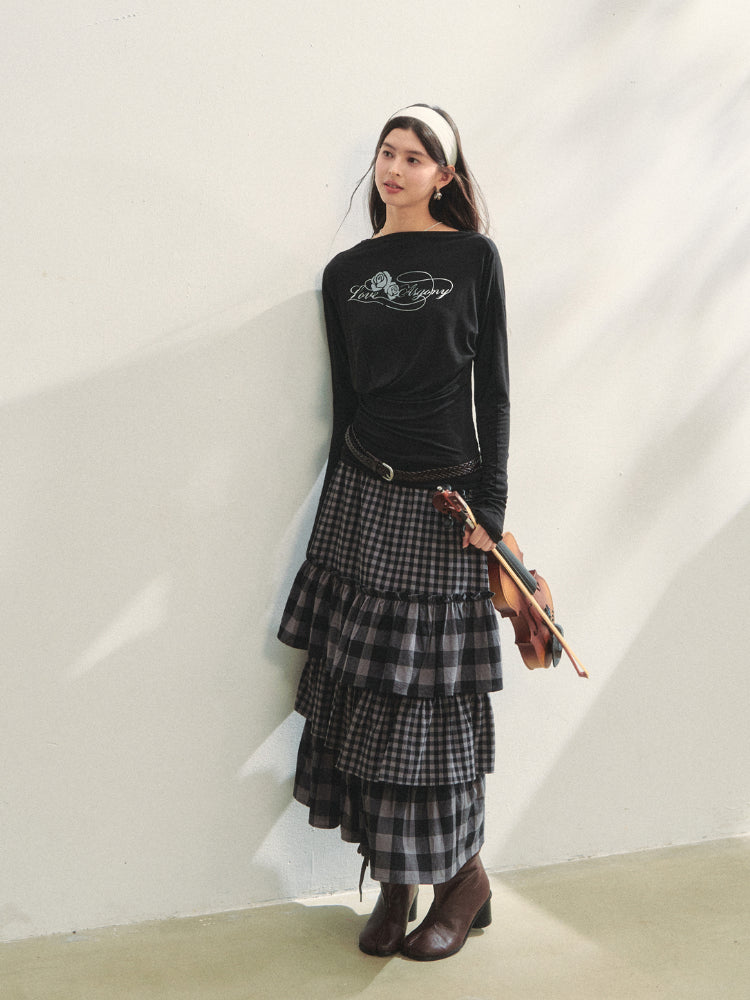 Plaid Patchwork Lace Waist Layered Cake Skirt - CHINASQUAD