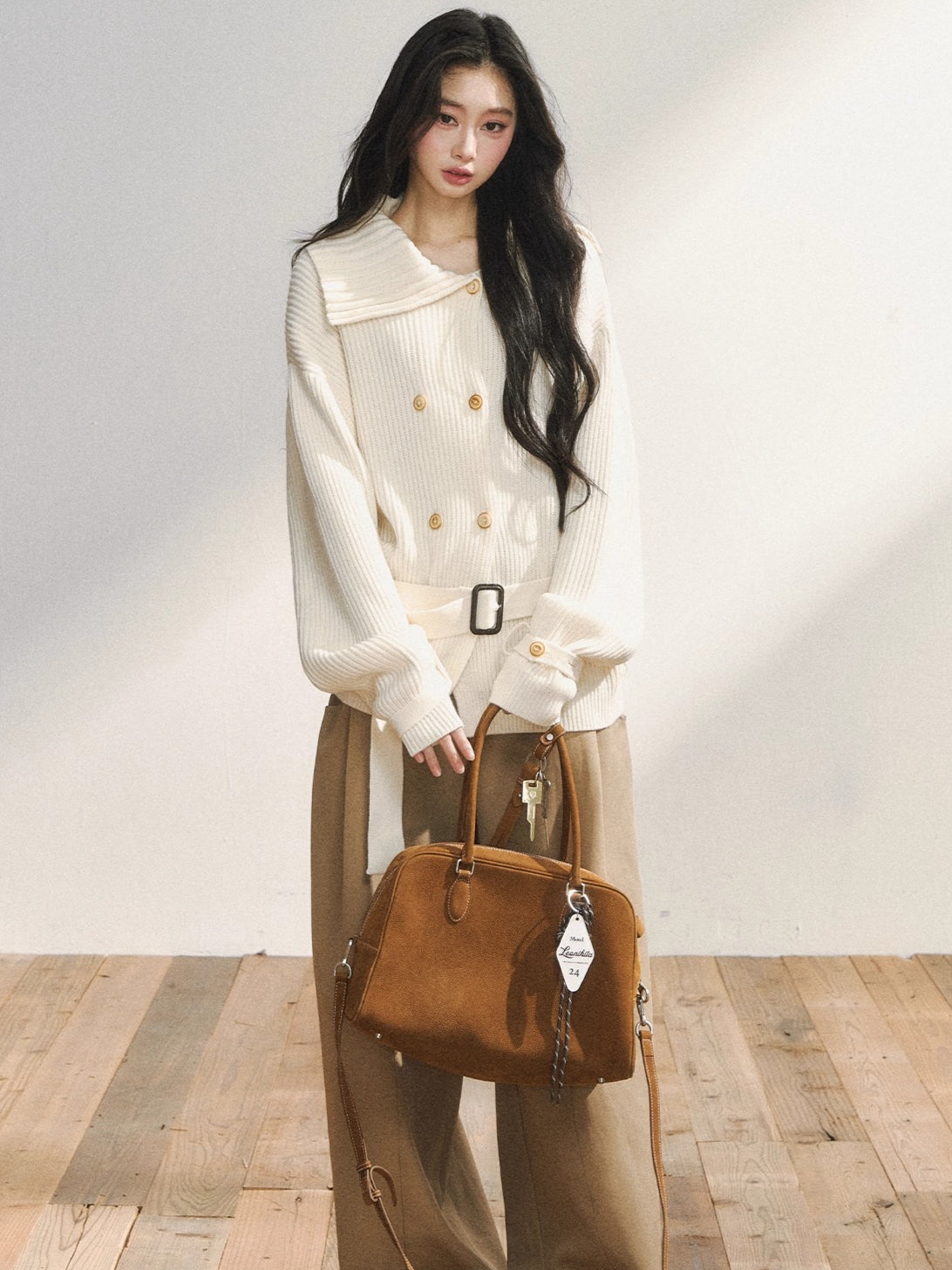 Double-Breasted Belted Knit Cardigan