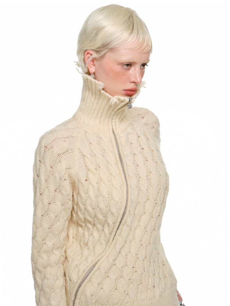 Surlong Cable Slanted Button Placket Knit Cardigan - CHINASQUAD