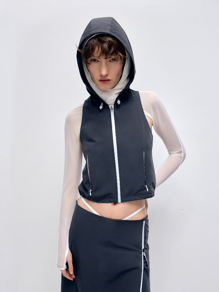Color-block Hooded Zipper Vest & Pant Set