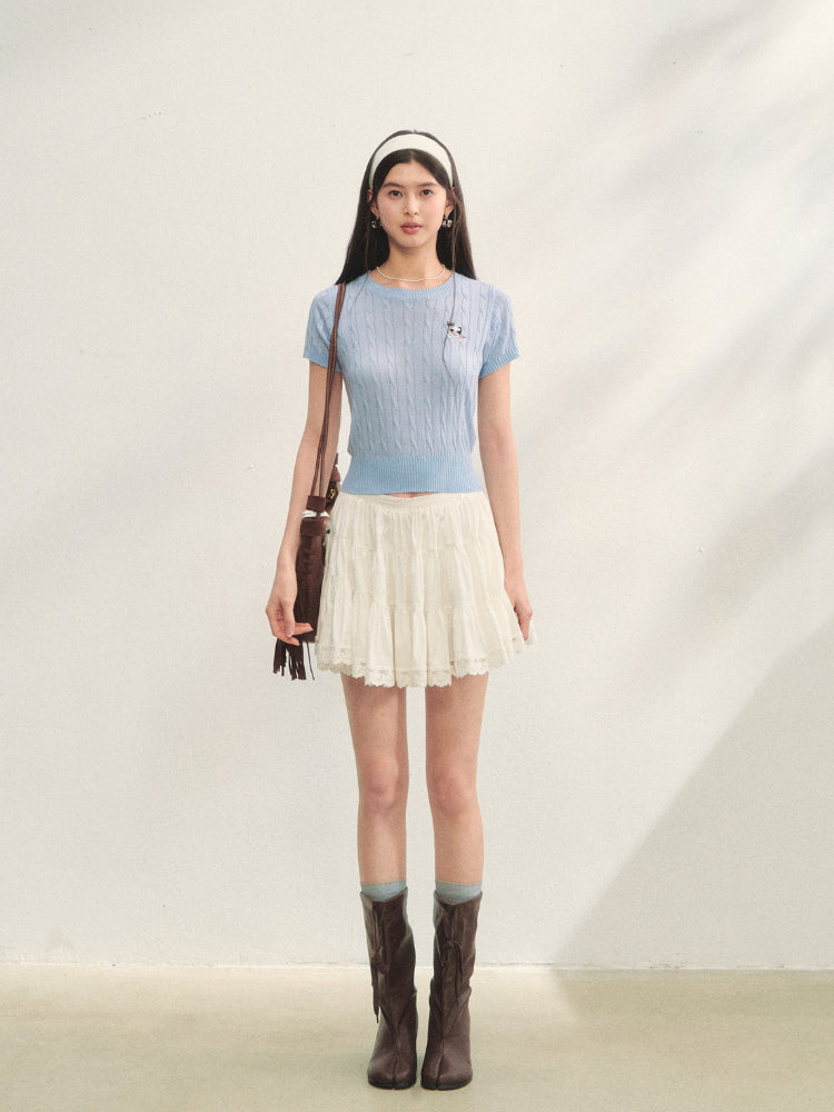 Puppy Embroidered Regular-shoulder Twist Knit T-shirt - CHINASQUAD