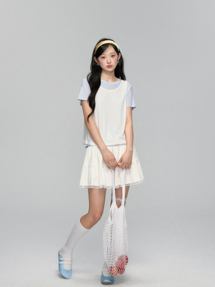 High-waisted Drawstring Lace-spliced Tiered Skirt - CHINASQUAD
