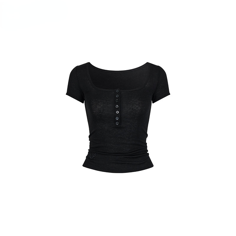 Black & Grey Henley Collar Embroidered T-Shirt - CHINASQUAD