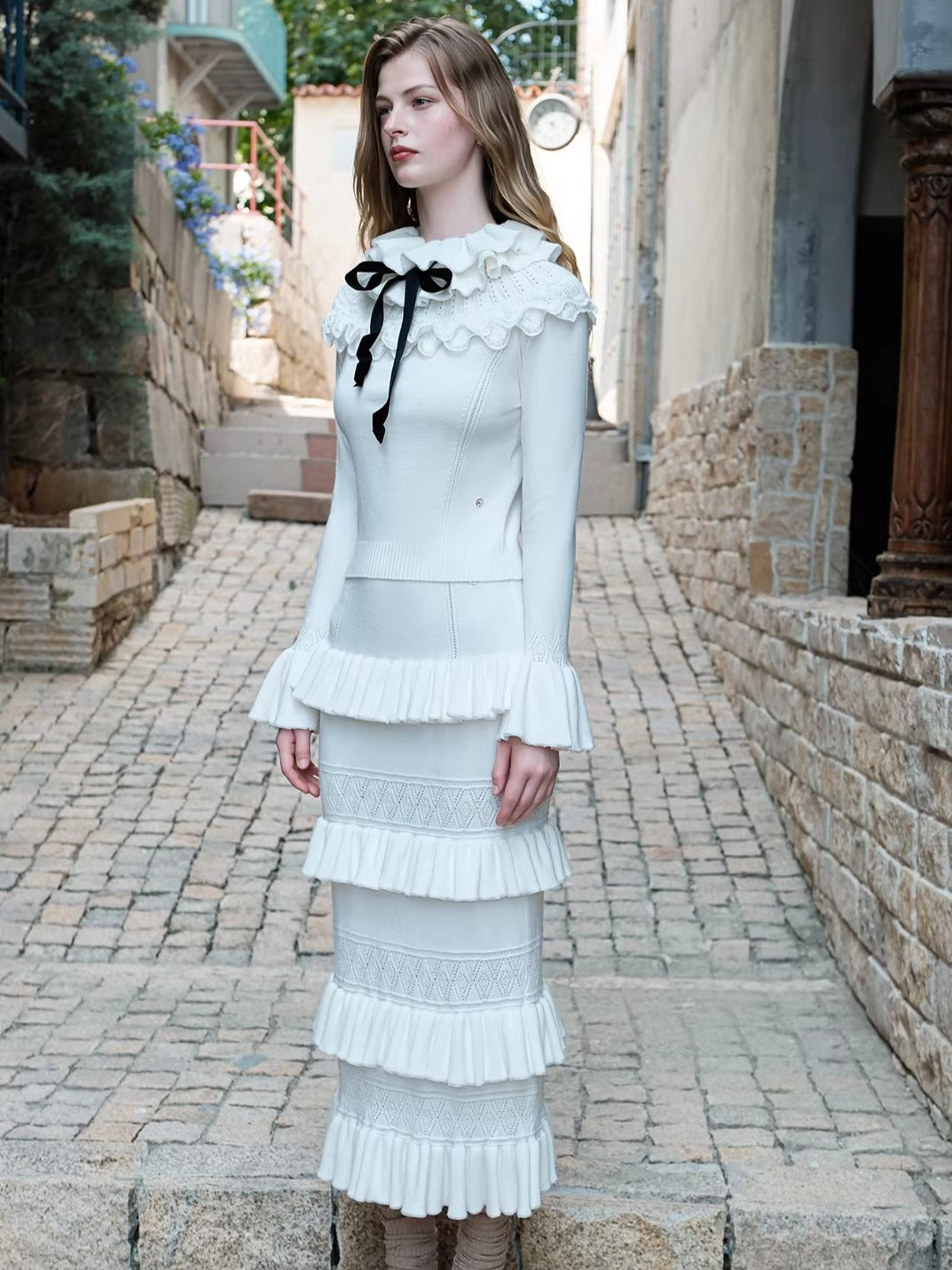 Lace Ruffle Knit Top & Midi Skirt Two-Piece Set