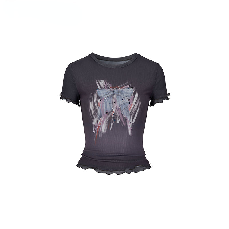 Pink & Black Bow Print Round Neck Short Sleeve - CHINASQUAD