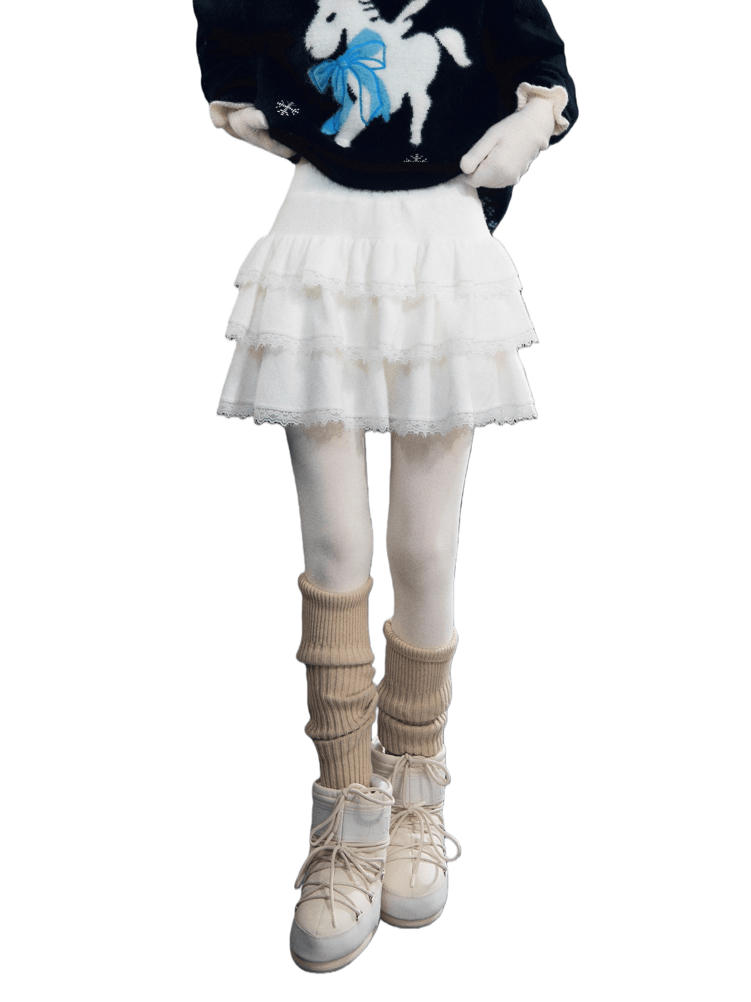 Lace-Panel Velvety Tiered Skirt