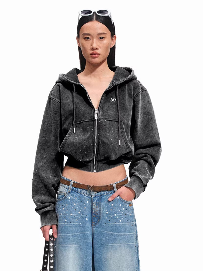 Embellished Washed Cotton Cropped Hoodie