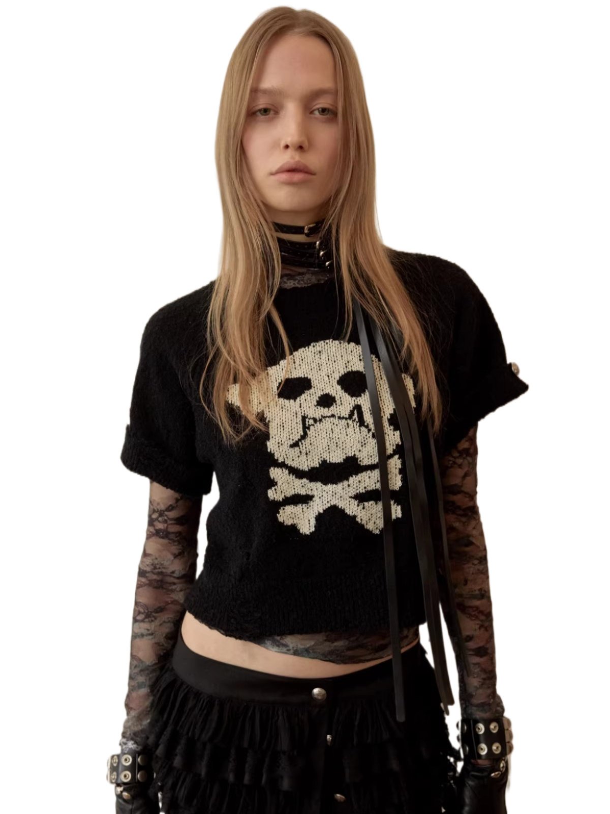 Skeleton Distressed Knit Short Sleeve Top