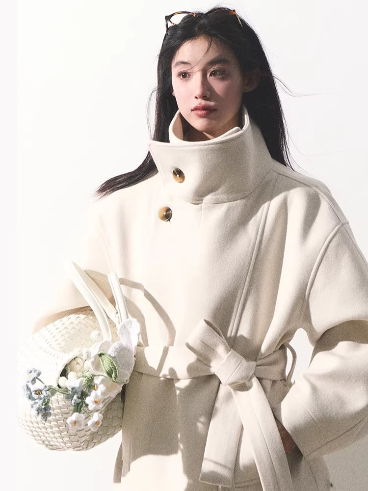 Stand-Collar Wool Short Coat