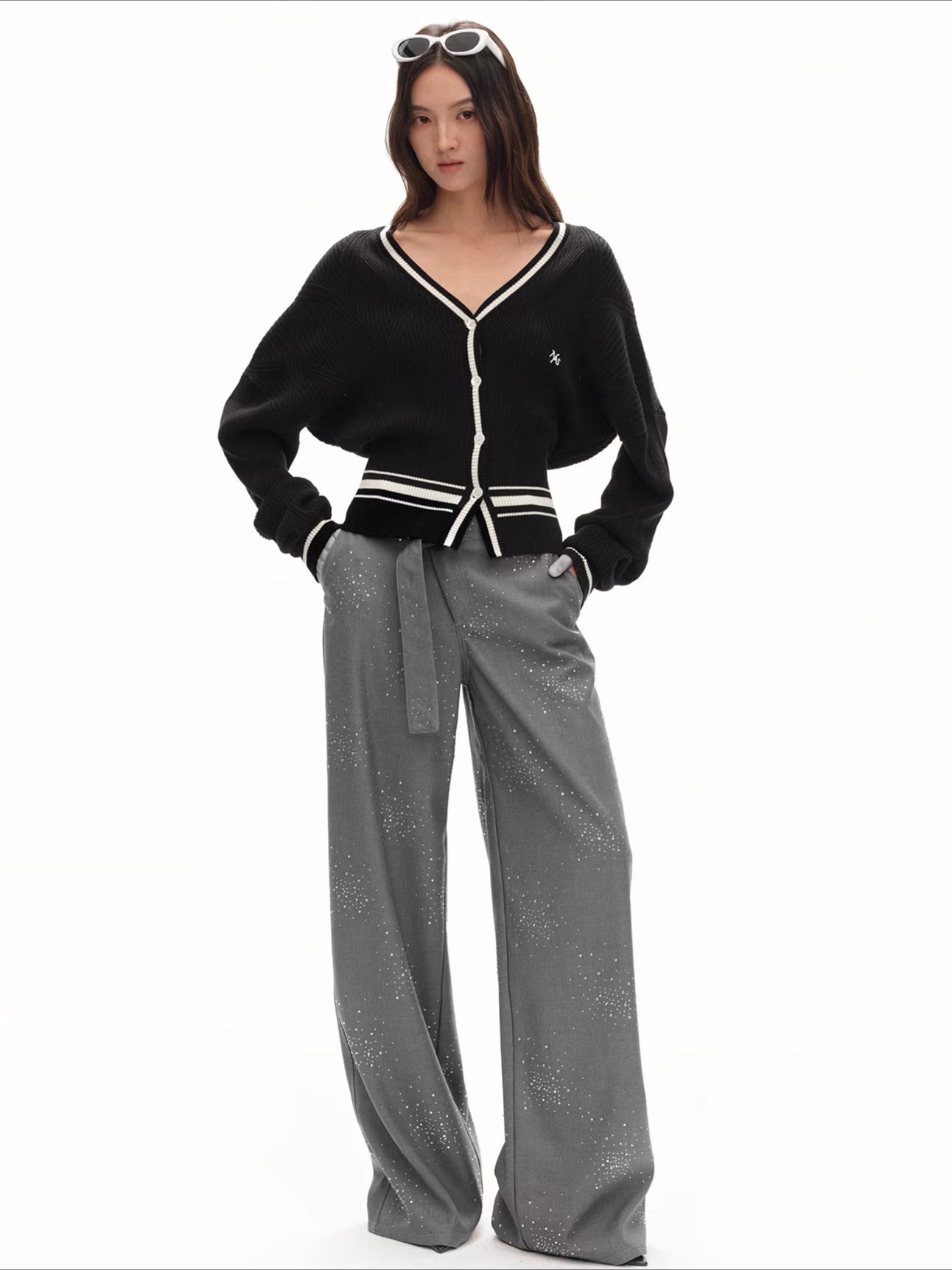 Embellished Low-Rise Wide-Leg Tailored Trousers