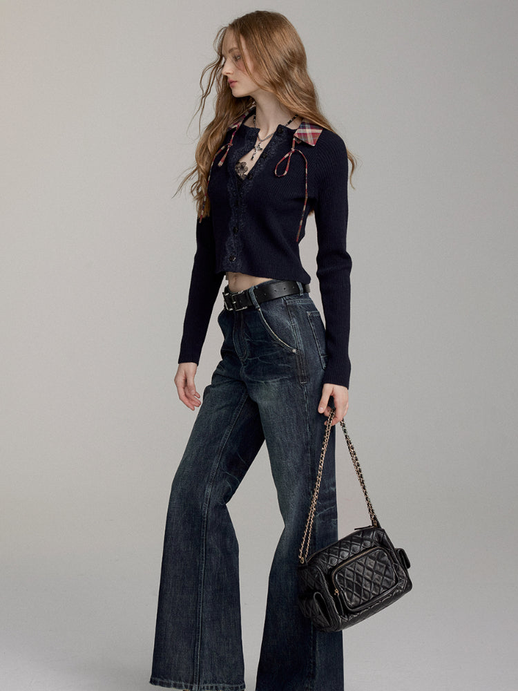 Two-Way Detachable Plaid Cropped Knit Sweater - CHINASQUAD