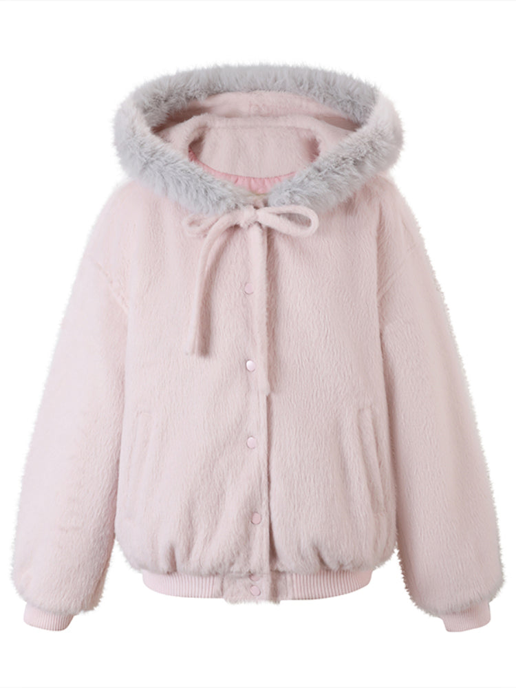 Pink Bow Tie Hooded Fur Baseball Jacket - CHINASQUAD