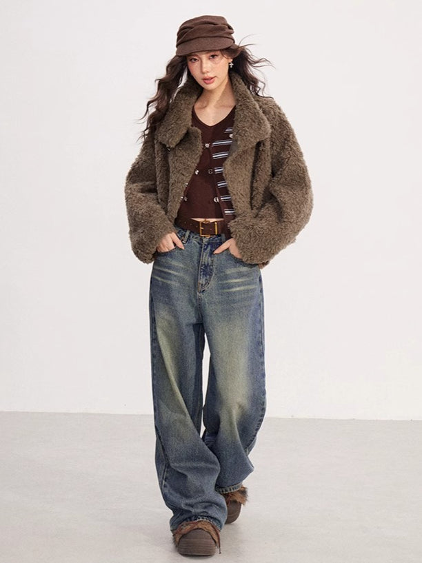 Shearling-Trim Stand-Collar Cropped Jacket