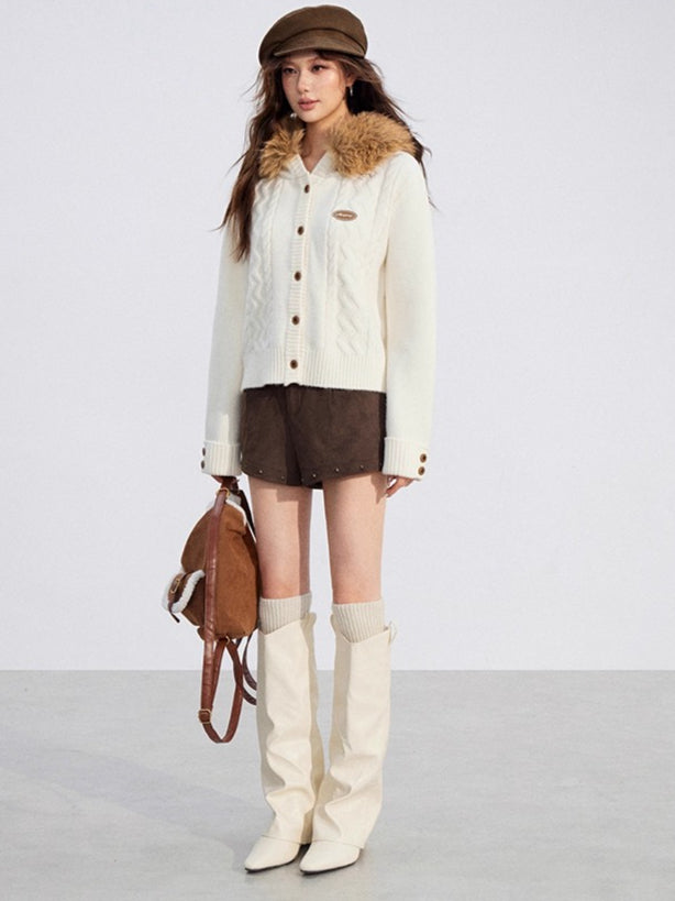 Detachable-Fur Cable-Knit Hoodie