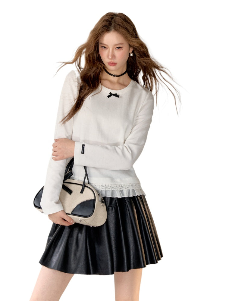 3D Bow Lace Trimmed Hem Long Sleeve T-shirt - CHINASQUAD