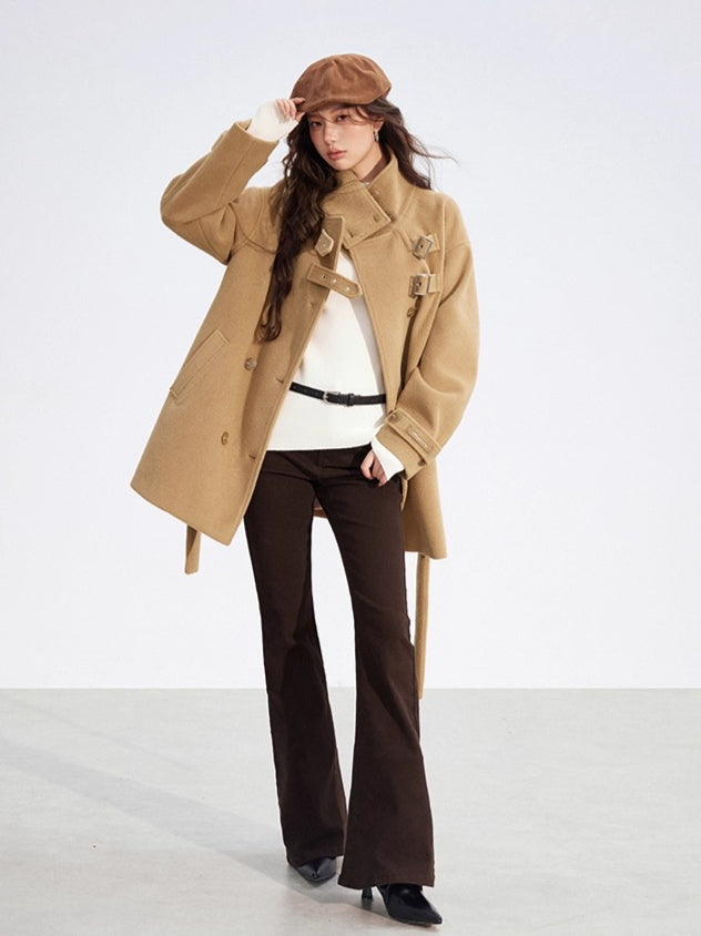 Double-Breasted Wool Blend Stand-Collar Coat