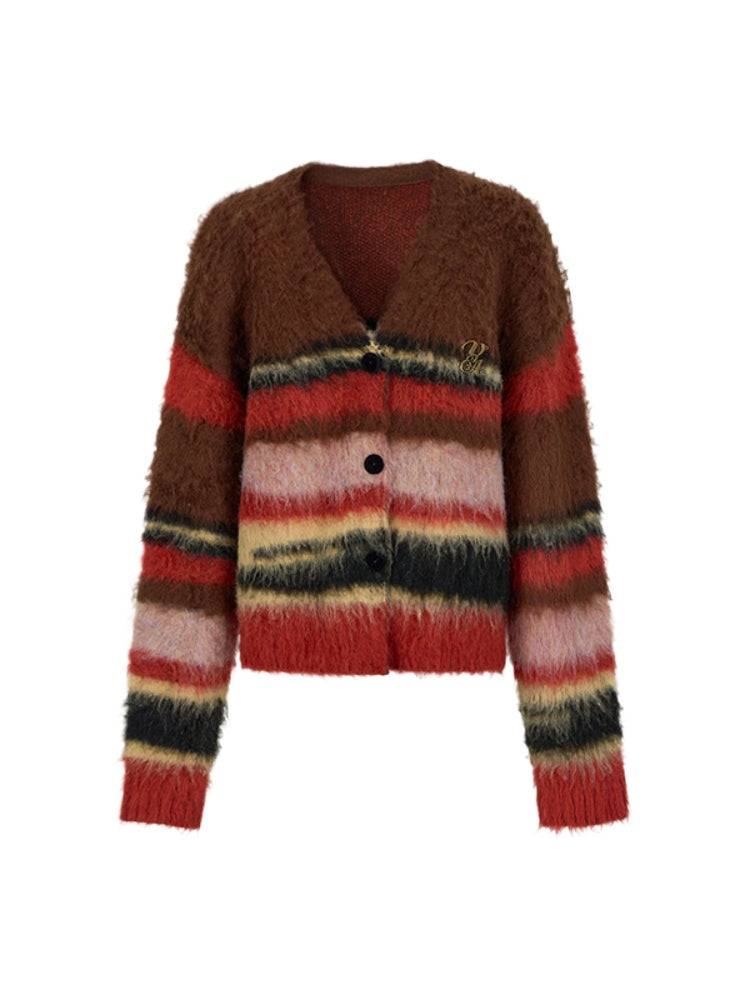 Brushed Colorblock Striped Knit Cardigan - CHINASQUAD