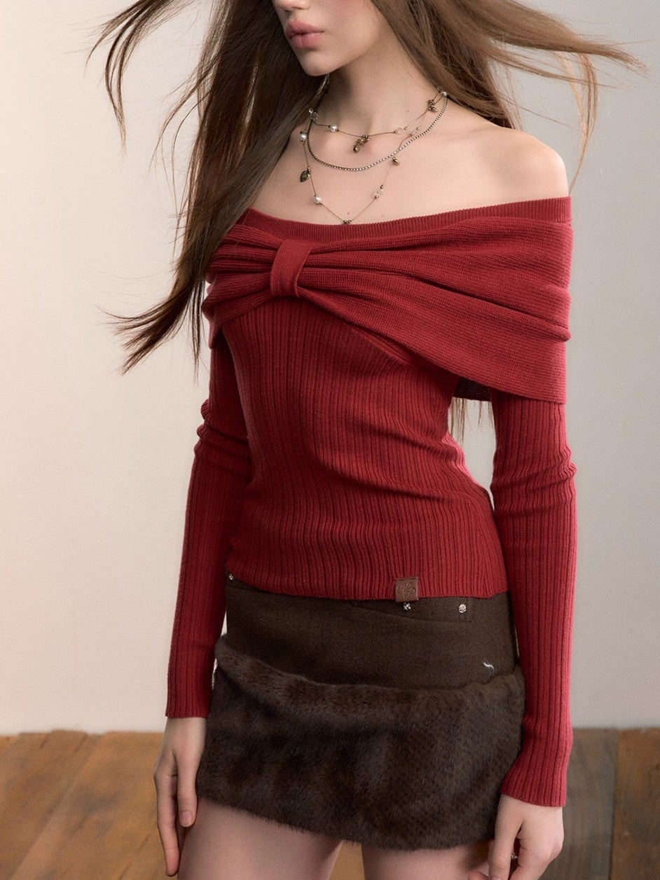 Off-Shoulder Bow Detail Knit Crewneck