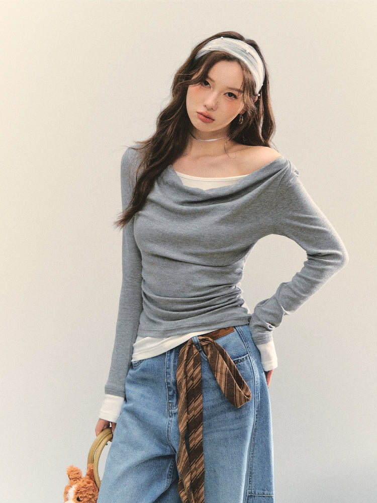 Dangle Collar Fake Two-Piece Color-Blocked Blouse - CHINASQUAD