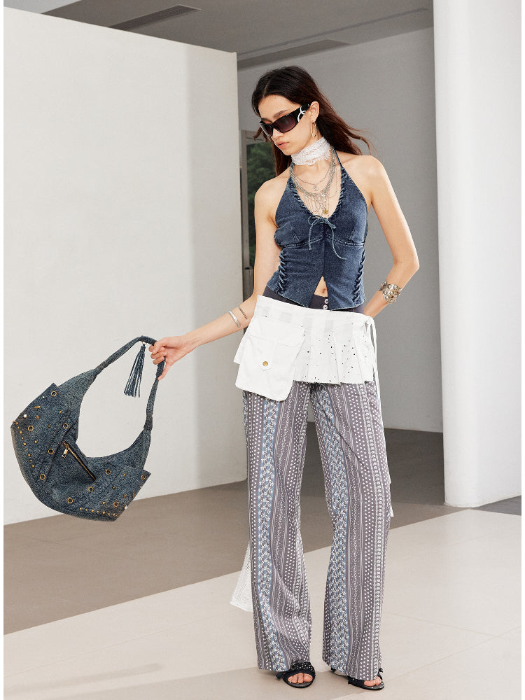 Printed Spliced Low-Waist Striped Wide-Leg Pants - CHINASQUAD