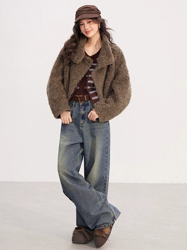 Shearling-Trim Stand-Collar Cropped Jacket