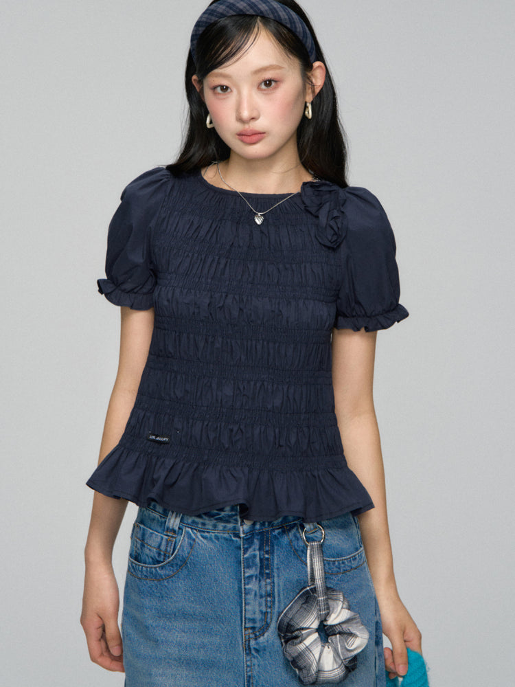 Three-Dimensional Flower Pleated Short-Sleeve Blouse - CHINASQUAD