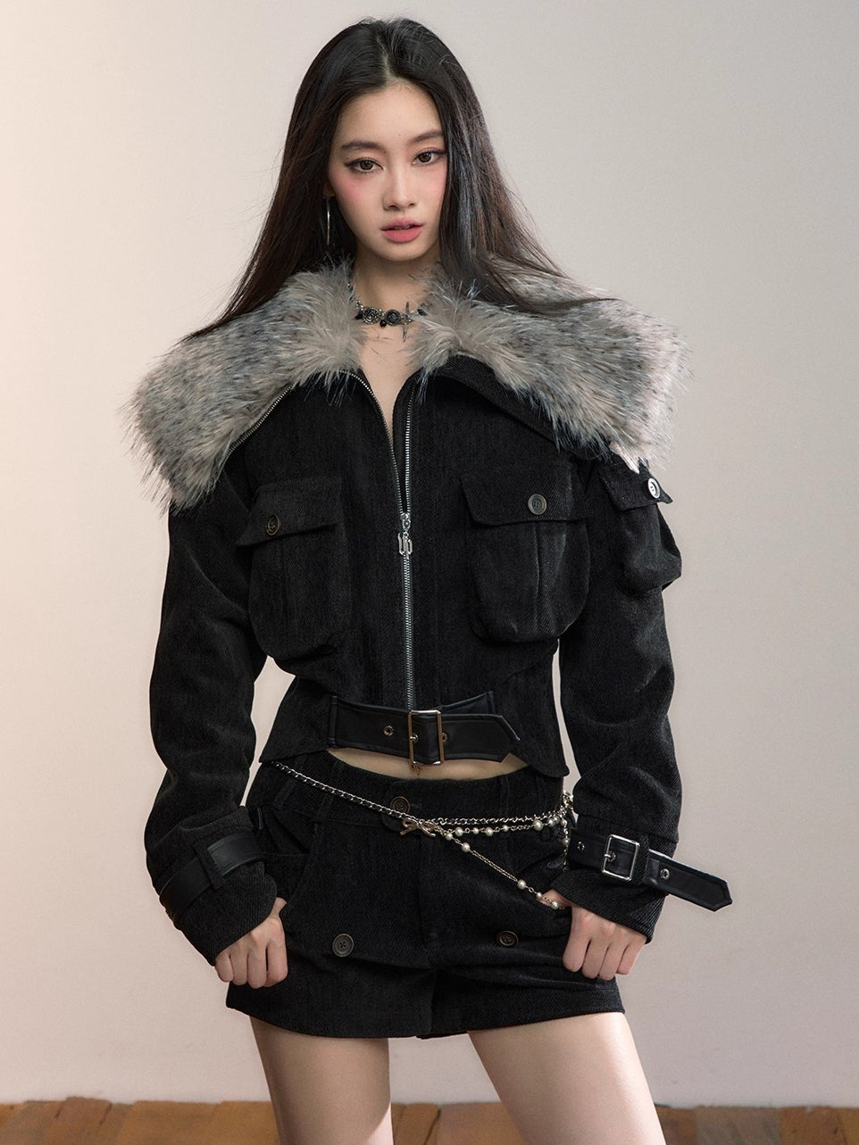 Leopard Faux Fur Collar Belted Puffer Jacket