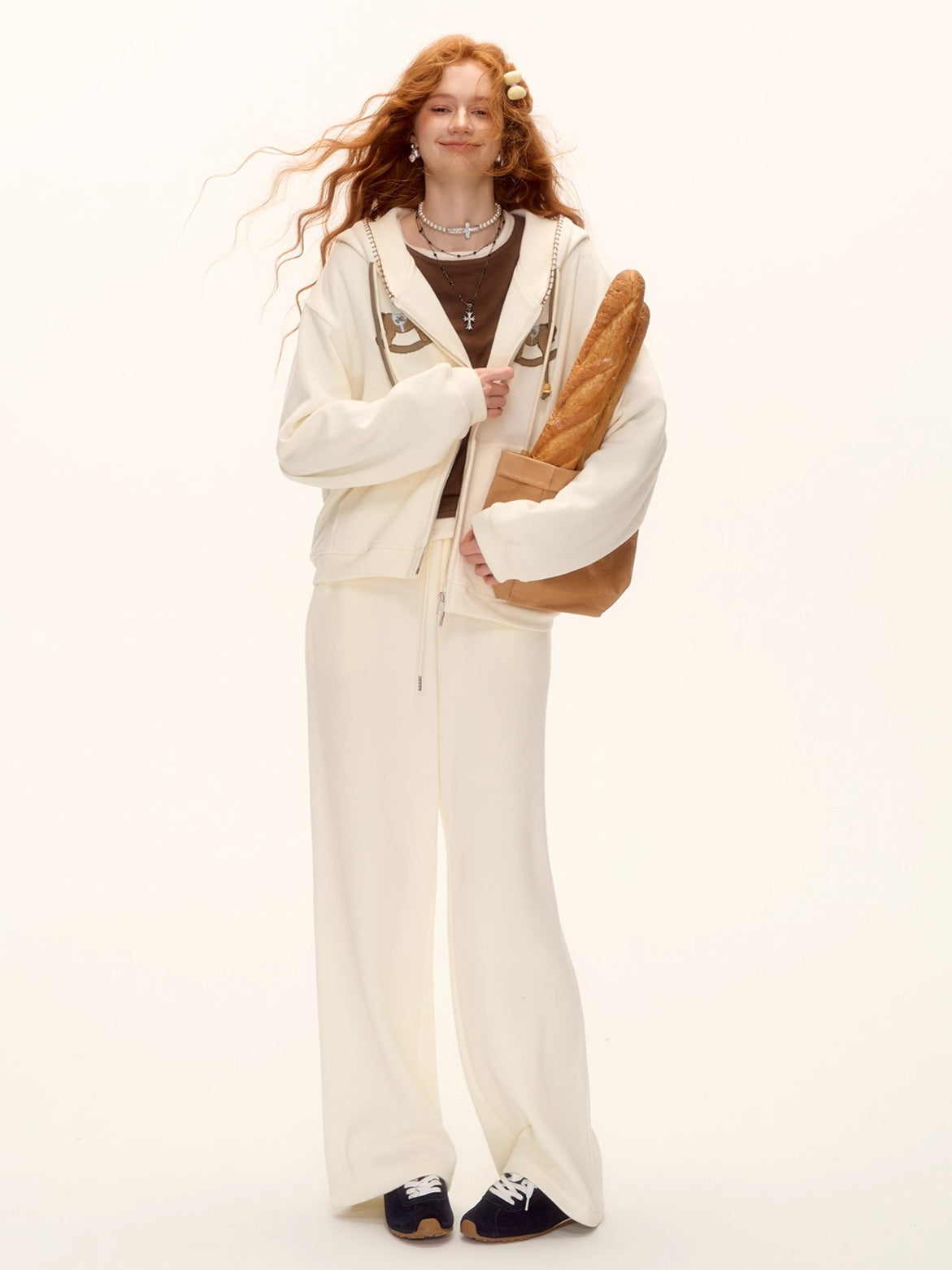 Embroidered Horse Beaded Zip-up Hoodie & Pants Set