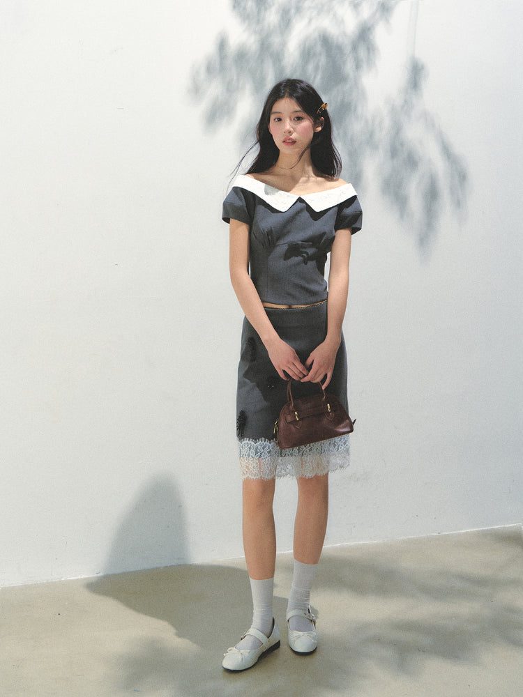 Dark Gray Princess Sleeve Top & skirt set - CHINASQUAD