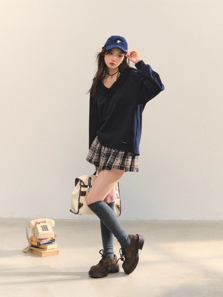 V-neck Ruffle Plaid Spliced Halter Sweatshirt - CHINASQUAD