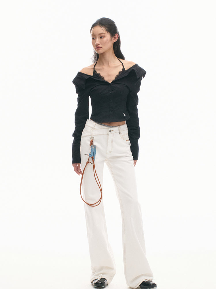 Two-in-One Off-Shoulder Slim-Fit Long-Sleeve Cotton Shirt - CHINASQUAD